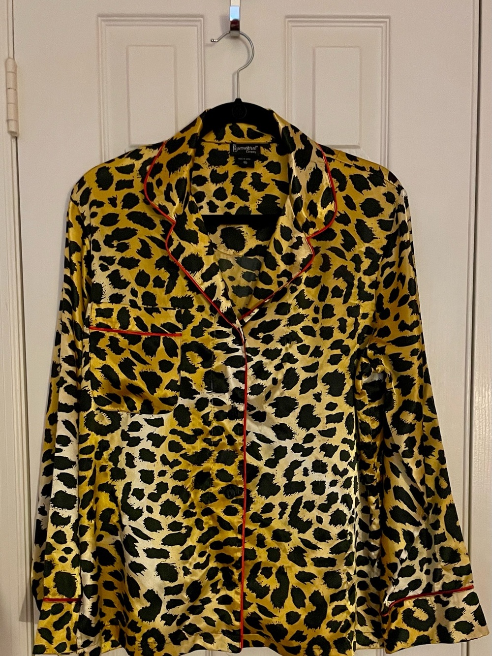 Pajamagram Leopard Satin Pajama Top with Red Piping Size Medium
